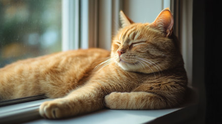 Close-up of a chubby orange cat lazily lounging on a windowsill, its fur glowing in the sunlight as it curiously looks outsideの素材