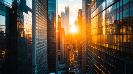 Close-up of a city skyline with the sun setting between tall buildings, capturing the interplay of light and shadows as day transitions to night.の素材