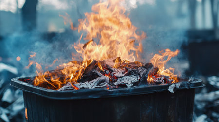 Close-up of a fire burning in a trash bin, with flames and smoke clearly visible, illustrating a smaller but still dangerous fire hazard.の素材