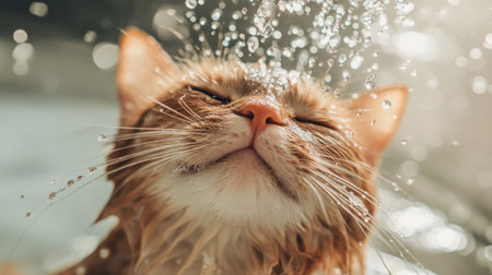 Close-up of a cat enjoying a bath, with water droplets on its fur and a content expression, showing the details of its wet fur and playful splashes.の素材