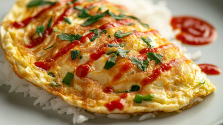 Close-up of a classic Thai omelette served on white rice, with a drizzle of fish sauce and chili on the side, highlighting the texture and fluffiness of the eggの素材