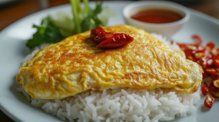 Close-up of a fluffy, golden omelette resting on a bed of white jasmine rice, with crispy edges and soft texture, garnished with chili sauce on the side.の素材