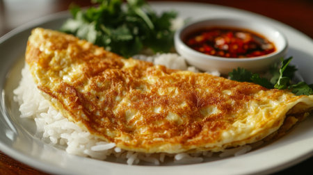 Close-up of a fluffy, golden omelette resting on a bed of white jasmine rice, with crispy edges and soft texture, garnished with chili sauce on the side.の素材