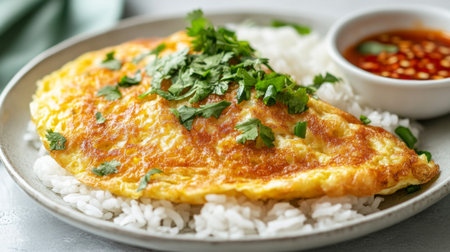 Close-up of a crispy, fluffy Thai omelette resting on rice, served with a side of spicy sauce and fresh herbs, highlighting the texture and rich flavor.の素材