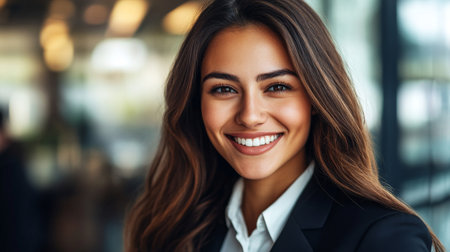 Close-up of a confident businesswoman smiling directly at the camera, dressed in a professional suit, showcasing her determination and poise.の素材