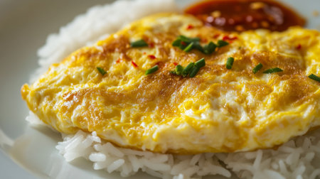 Close-up of a fluffy, golden omelette resting on a bed of white jasmine rice, with crispy edges and soft texture, garnished with chili sauce on the side.の素材