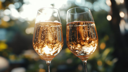 Close-up of a pair of sophisticated wine glasses with sparkling champagne, each with fine bubbles rising and a beautiful, elegant setting.の素材