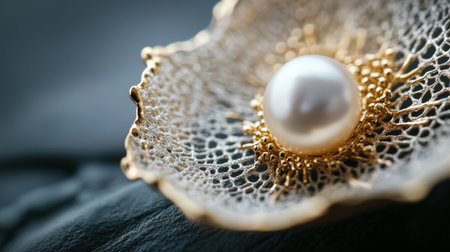 Close-up of a pearl earring with intricate gold detailing, showing the contrast between the smooth pearl and the textured metal.の素材