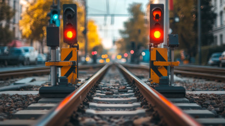 Close-up of a railway crossing with warning signals, showcasing the tracks, crossing gates, and safety lights in a busy urban setting.の素材