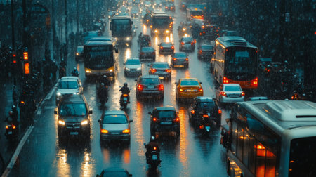 A traffic jam on a rainy day, with cars, buses, and motorcycles moving slowly in wet conditions, reflections on the road.の素材
