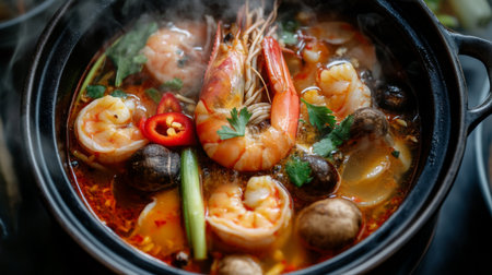 A top-down view of a steaming bowl of Tom Yum Goong, with large prawns, mushrooms, lemongrass, and vibrant chili floating in a rich, aromatic broth.の素材