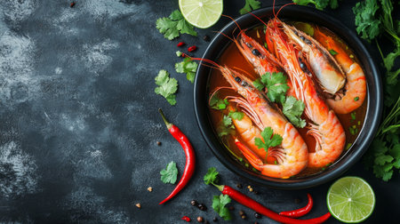 Bird's-eye view of hot and spicy Tom Yum Goong, with prawns and aromatic herbs floating in a tangy broth, accompanied by lime and chili on the side.の素材