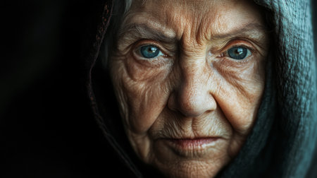 A warm and intimate portrait of an elderly woman with expressive eyes, showcasing the depth of her experiences and emotionsの素材
