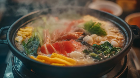 Close-up of a bubbling hot pot with colorful ingredients, including seafood and leafy greens, highlighting the vibrant and appetizing appearance of the dish.の素材