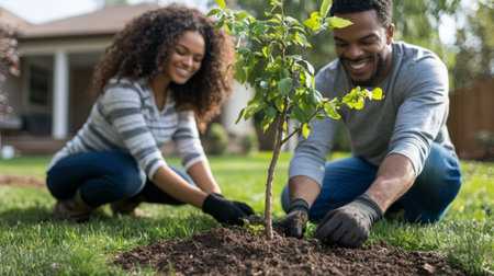 A young couple planting a tree in their front yard, with a focus on the new growth and their smiles as they work togetherの素材