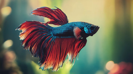 Close-up of a Betta fish with a mesmerizing array of colors and delicate fins, swimming elegantly through a well-decorated aquarium environment.の素材