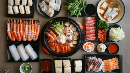 An inviting shabu-shabu spread featuring a variety of ingredients like tofu, seafood, and vegetables, with a bubbling hot pot and dipping sauces on the tableの素材
