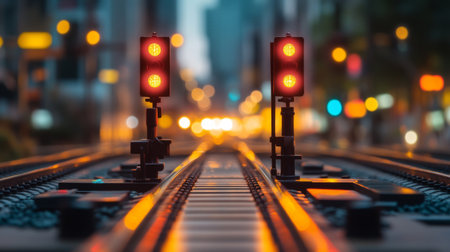 Close-up of a railway crossing with warning signals, showcasing the tracks, crossing gates, and safety lights in a busy urban setting.の素材