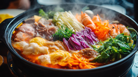 A vibrant shabu-shabu scene with an assortment of colorful vegetables, meats, and seafood being cooked in a hot pot, with steam rising from the brothの素材