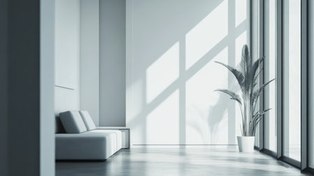 Close-up of a beautifully designed minimalistic living room featuring sleek furniture, a monochromatic color scheme, and plenty of natural light.の素材