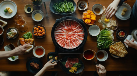 An overhead view of a shabu-shabu meal, showcasing a variety of fresh ingredients, dipping sauces, and a hot pot in the center of a beautifully set tableの素材