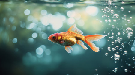 An underwater shot of a goldfish gliding through water, with a background of bubbles and a soft-focus aquatic landscapeの素材