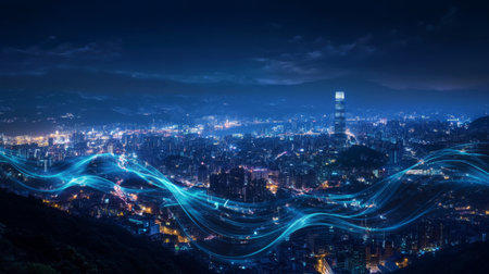An urban cityscape illuminated by electric waves in the sky at night, blending the beauty of nature with technological energy.の素材
