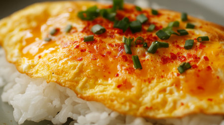 Close-up of a classic Thai omelette served on white rice, with a drizzle of fish sauce and chili on the side, highlighting the texture and fluffiness of the eggの素材