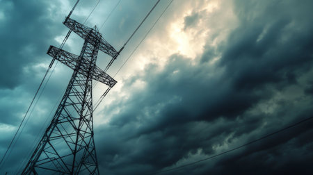 Close-up of a tall transmission tower with power lines, set against a dramatic cloudy sky, showcasing the tower's structure and the power it transmits.の素材