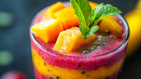 Close-up of a colorful fruit smoothie in a glass with a garnish of fresh mint leaves, showcasing vibrant fruit chunks and a refreshing texture.の素材