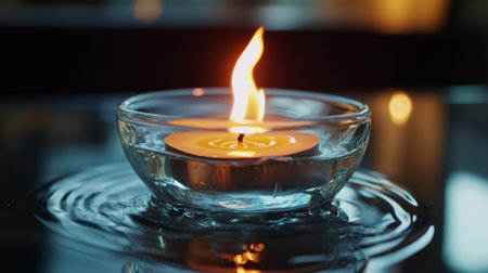 Close-up of a flickering candle flame in a glass holder, capturing the way the flame dances and the reflections it creates on the glassの素材