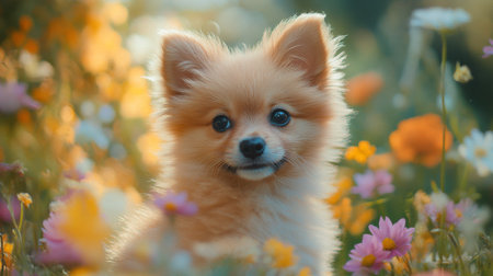 Close-up of a fluffy puppy with a tiny nose and bright eyes, sitting in a field of flowers, enhancing its cuteness and natural beauty.の素材