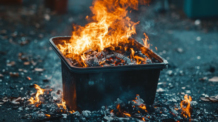 Close-up of a fire burning in a trash bin, with flames and smoke clearly visible, illustrating a smaller but still dangerous fire hazard.の素材