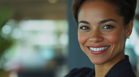 Close-up of a professional businesswoman with a warm, engaging smile, captured in high detail, reflecting confidence and competence in her field.の素材