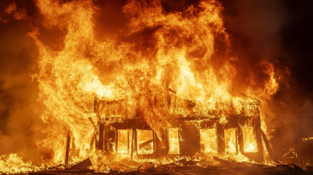 Close-up of a raging fire consuming a building, with bright flames and thick smoke, capturing the intensity and destructive power of the blazeの素材