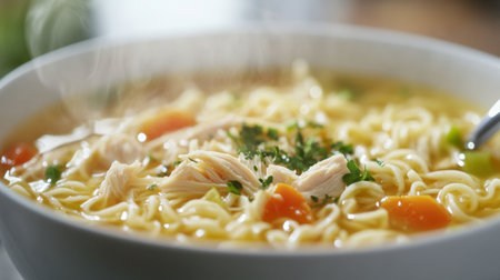 Close-up of a steaming bowl of hot chicken noodle soup, with visible noodles and vegetables, against a white background, emphasizing its comforting appeal.の素材