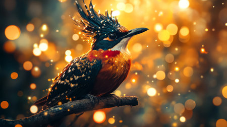 Close-up of a striking bird with elaborate feather details, perched on a branch, with a background of abstract lights creating a captivating and artistic ambiance.の素材