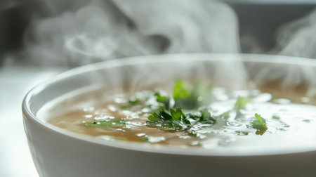 Close-up of a steaming bowl of hot soup with a clear broth and fresh herbs, placed against a clean white background, emphasizing its warmth and inviting aromaの素材