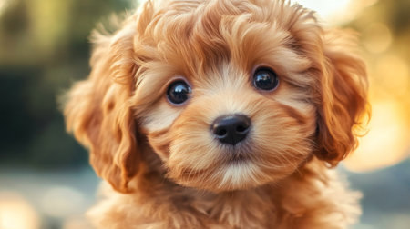 Close-up of a playful puppy with big, expressive eyes and a fluffy coat, capturing its adorable charm and joyful expression.の素材
