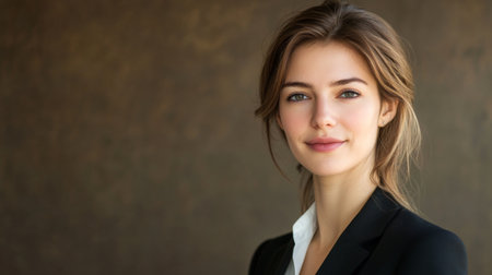 Detailed portrait of a businesswoman with clear skin and a professional expression, wearing business attire and exuding confidence and leadership.の素材