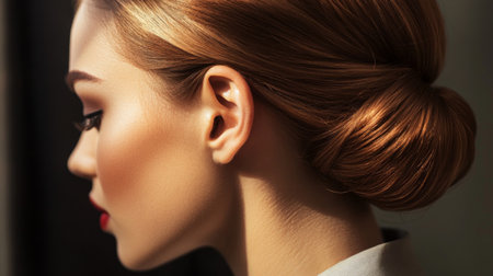 Close-up of a woman with a stunning, classic chignon hairstyle, featuring neatly arranged hair and a refined, elegant appearance.の素材