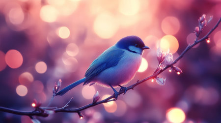 Close-up of a vibrant bird perched on a branch, with a stunning, blurred background of colorful lights and bokeh effects creating a magical atmosphere.の素材