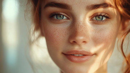 Close-up of a woman with expressive eyes and a gentle smile, emphasizing her well-defined features and natural beauty in a soft, flattering light.の素材
