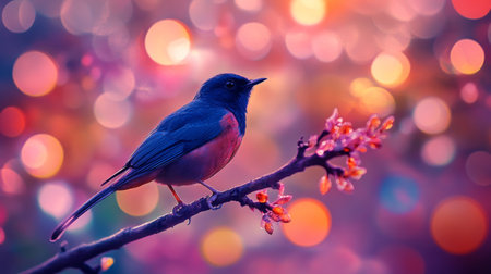 Close-up of a vibrant bird perched on a branch, with a stunning, blurred background of colorful lights and bokeh effects creating a magical atmosphere.の素材
