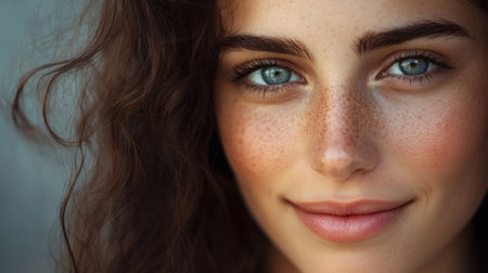 Close-up of a woman with expressive eyes and a gentle smile, emphasizing her well-defined features and natural beauty in a soft, flattering light.の素材