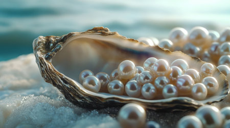 Close-up of pearls gently spilling from an open oyster shell, showcasing their natural beauty and the mystery of the ocean.の素材