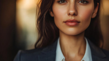 Detailed shot of a businesswoman with a clear, strong expression, dressed in a tailored blazer, emphasizing her role in leadership and business.の素材