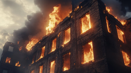 Close-up of an abandoned building on fire, with flames reaching out from windows and smoke filling the sky, highlighting the scene destruction.の素材