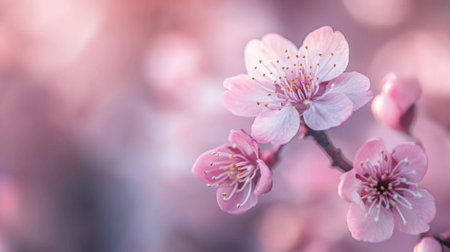 Detailed shot of a blooming cherry blossom with soft pink petals and fine details, capturing the fleeting beauty of spring.の素材