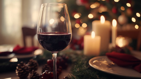 Close-up of a wine glass with a perfectly poured glass of red wine, with a backdrop of a festive dinner setting and soft candlelight.の素材